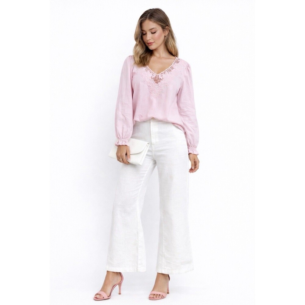 J.Crew Soft Blush Cottagecore Blouse Lace Trim V Neck Size Small Preppy Romantic